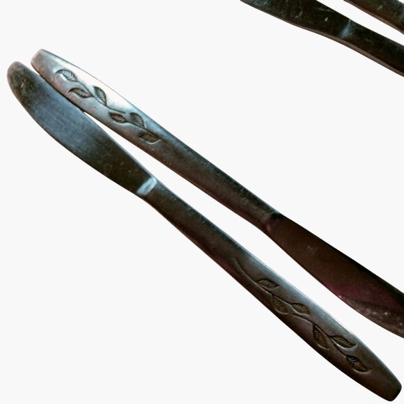 Dinner Knives Leaf Pattern Vintage Stainless Steel Lot 5 - Picture 2 of 5